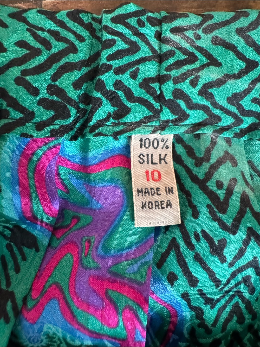 Vintage 100% Silk Midi Skirt Green Teal Paisley Geometric Abstract Print Size 10 - Picture 7 of 11